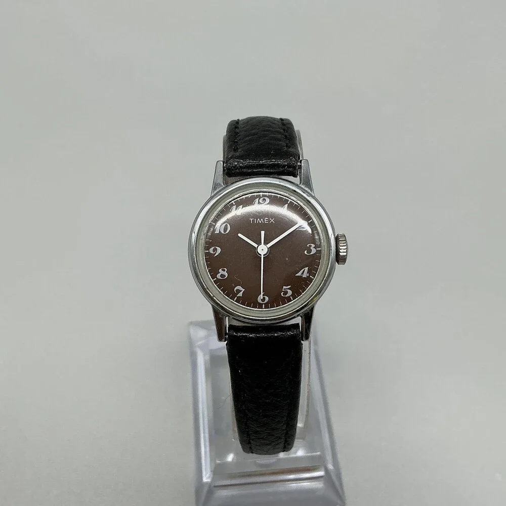 Vintage Timex Womens Watch 24mm Brown Dial Black Leather Strap Manual Wind
